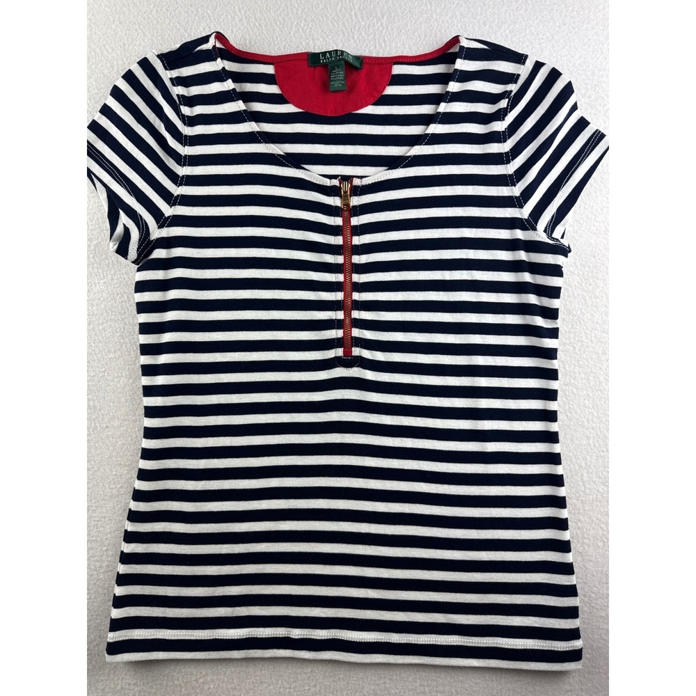 Lauren Ralph Lauren Navy and White Striped Short Sleeve Tee with Red Zip